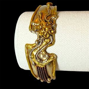 Vintage Ornate Brass Carved Cuff Bracelet Rope Twists Stacked Design NWOT